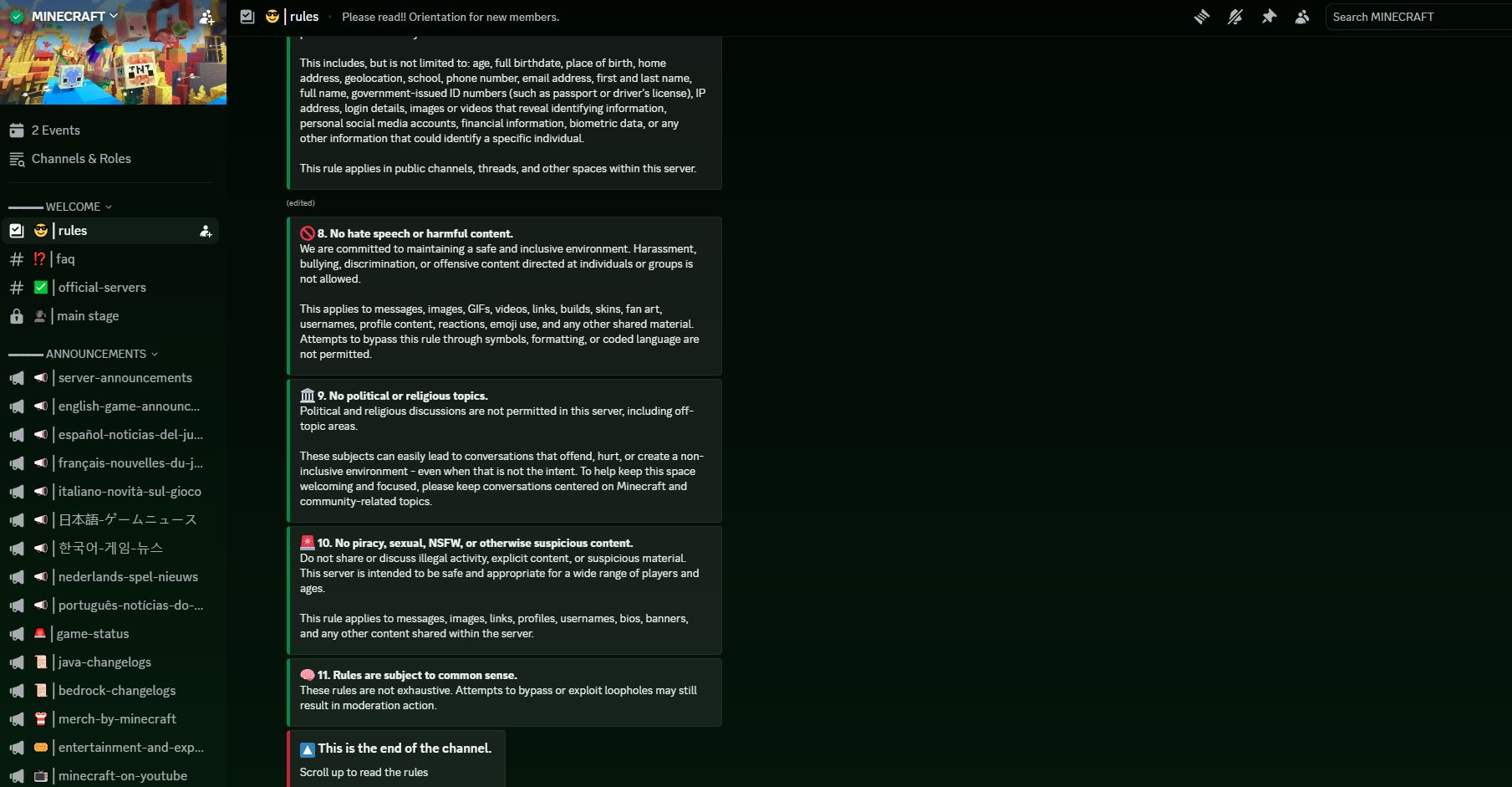 Minecraft Discord server channels and community interface — what you see after joining
